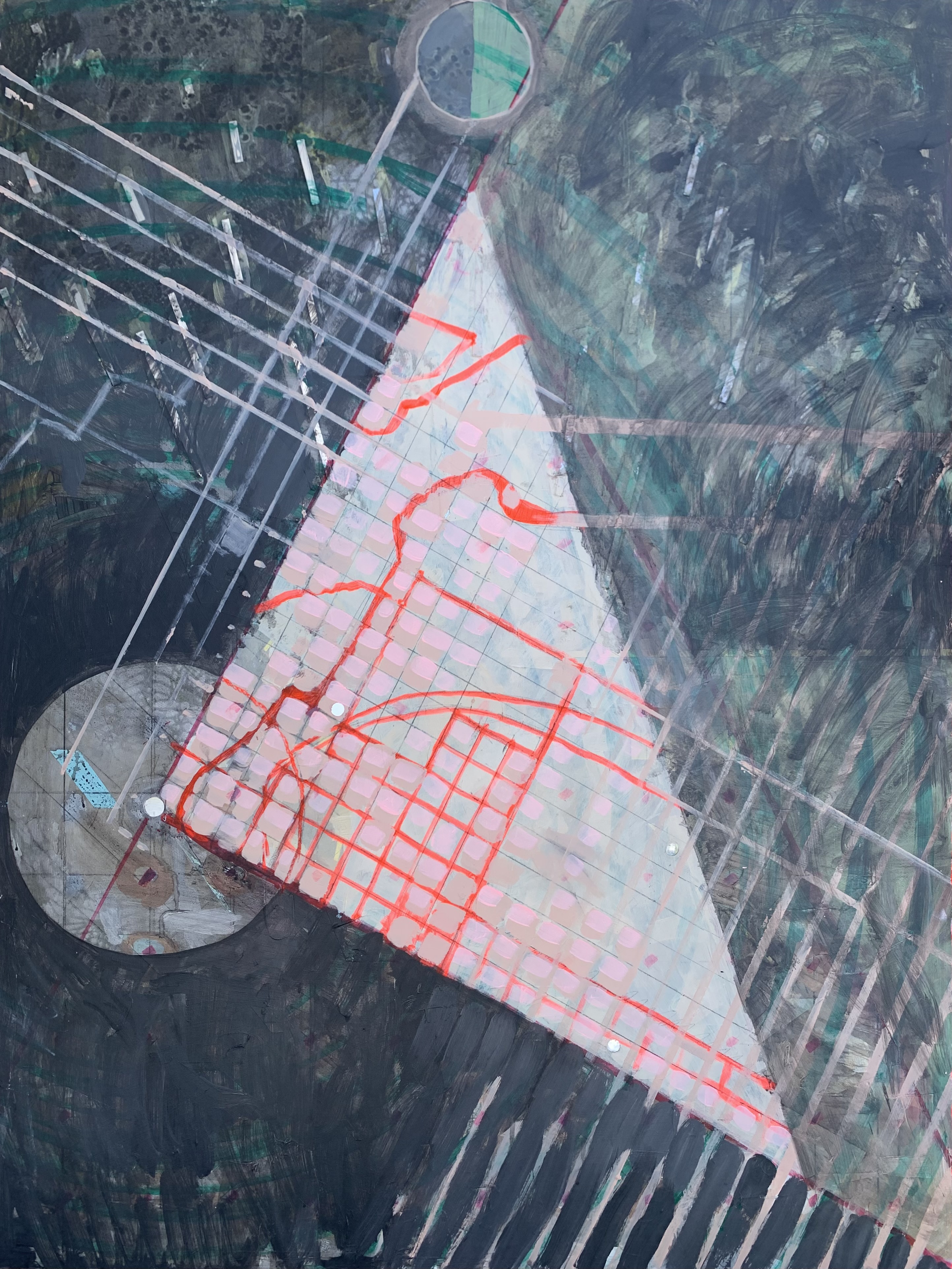 Downtown Delusions acrylic and mixed media of a triangle with red outlined squares