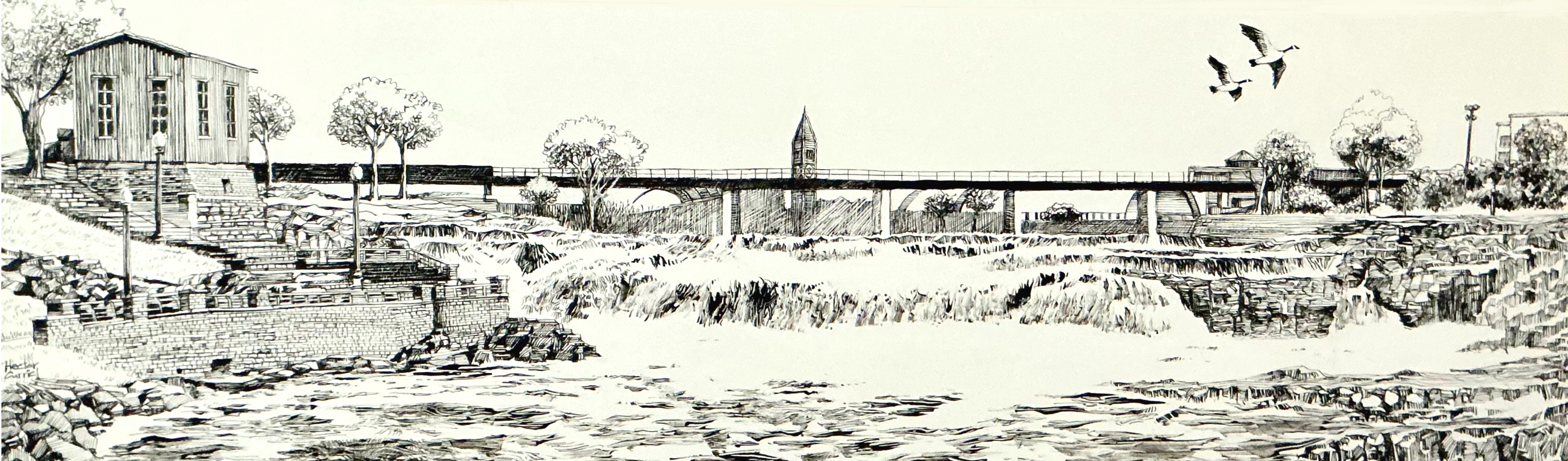 a black ink drawing on a board showing Falls Park