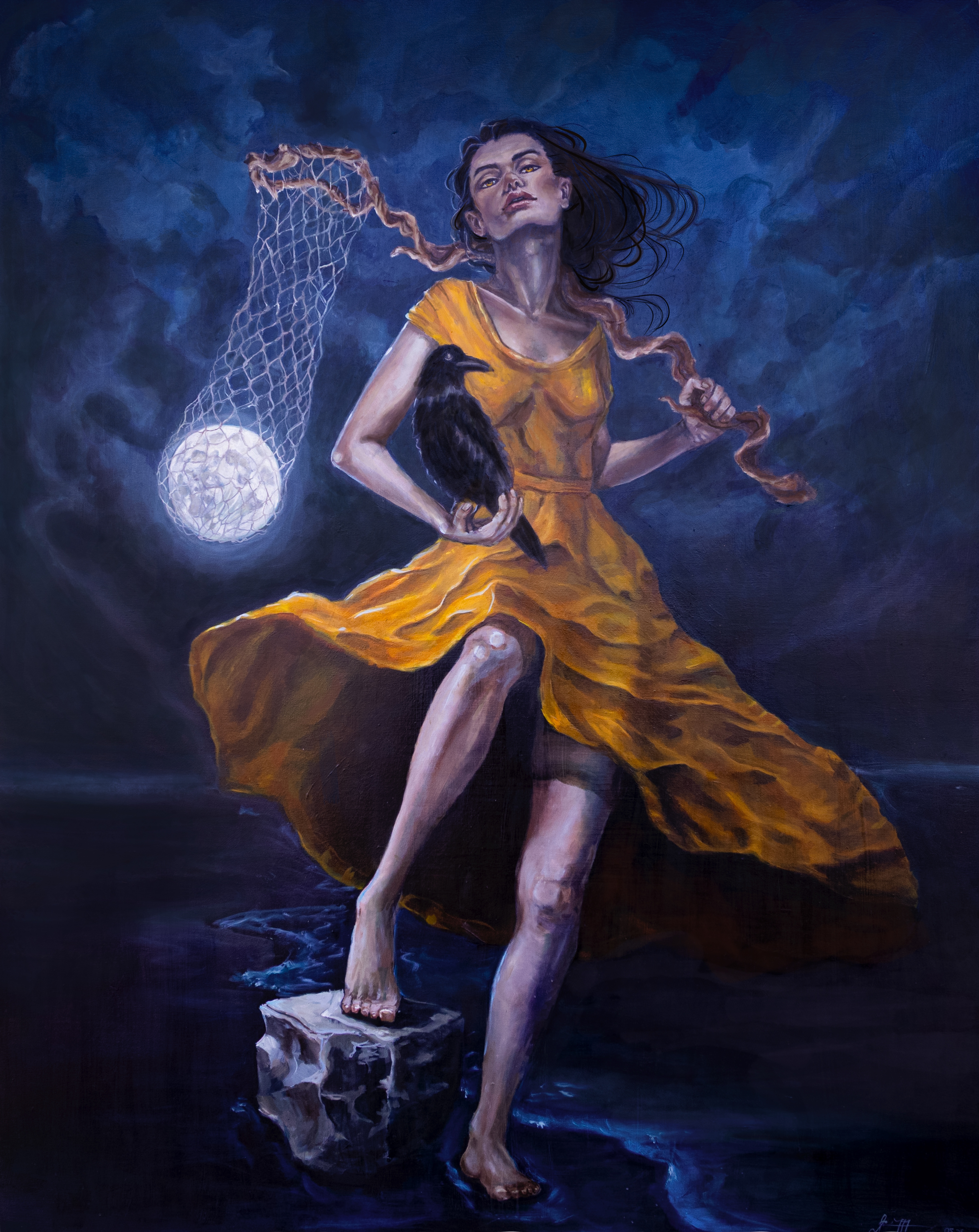 paiting of a woemn wearing a yellow dress holding a raven and a net with the moon in the net on a rock or a beach at night