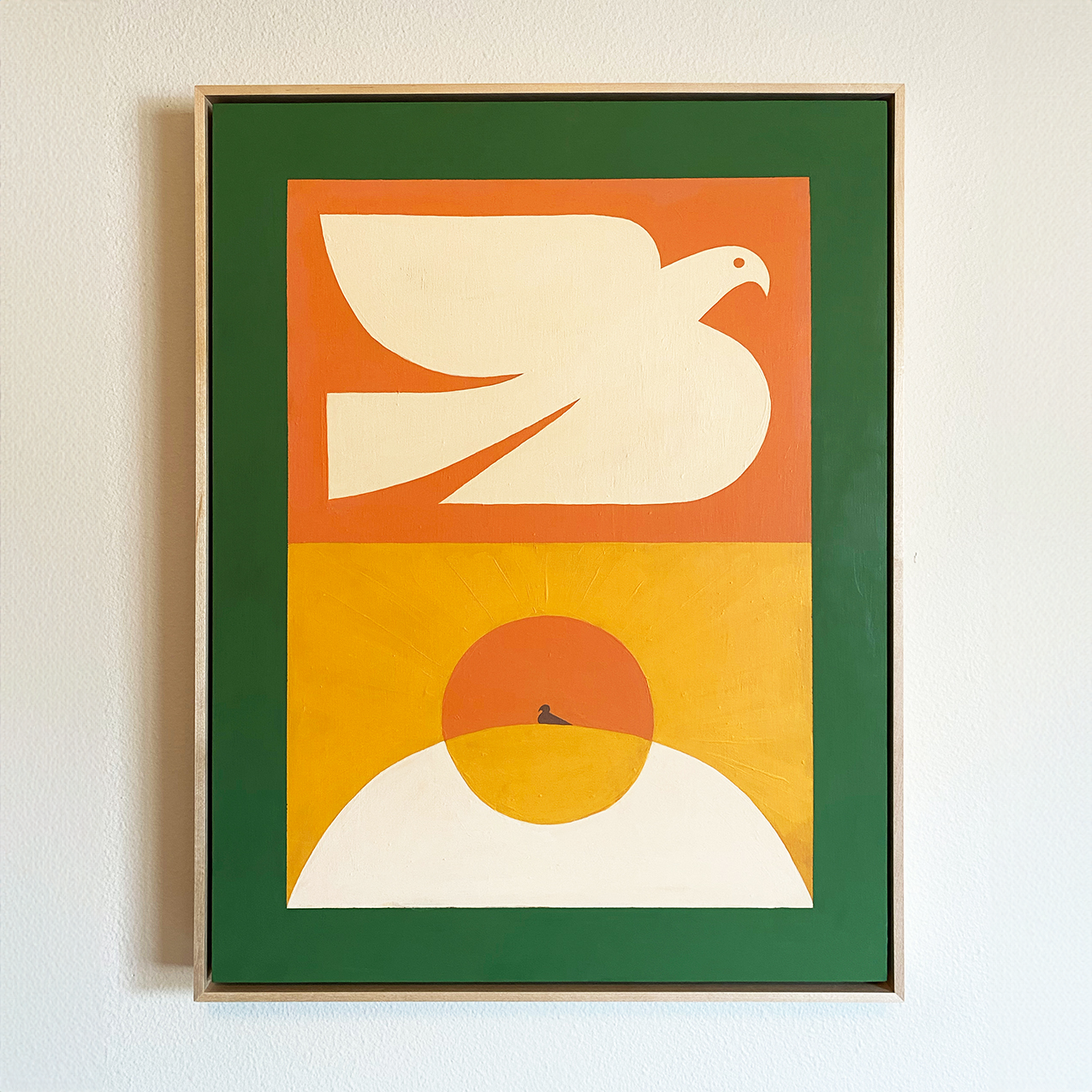 Purpose Perspective a colorful paiting of a dove and a sunrise in orange yellow and cream colors