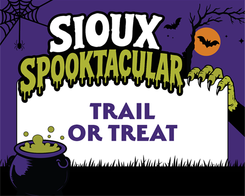 Halloween graphic with a cauldron, spooky hand and bat with the words Sioux Spooktacular Trail or Treat