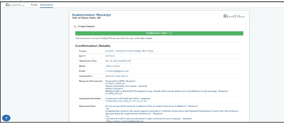 a screen showing the completion reciept