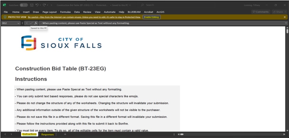 Procurement portal bid table instruction screen