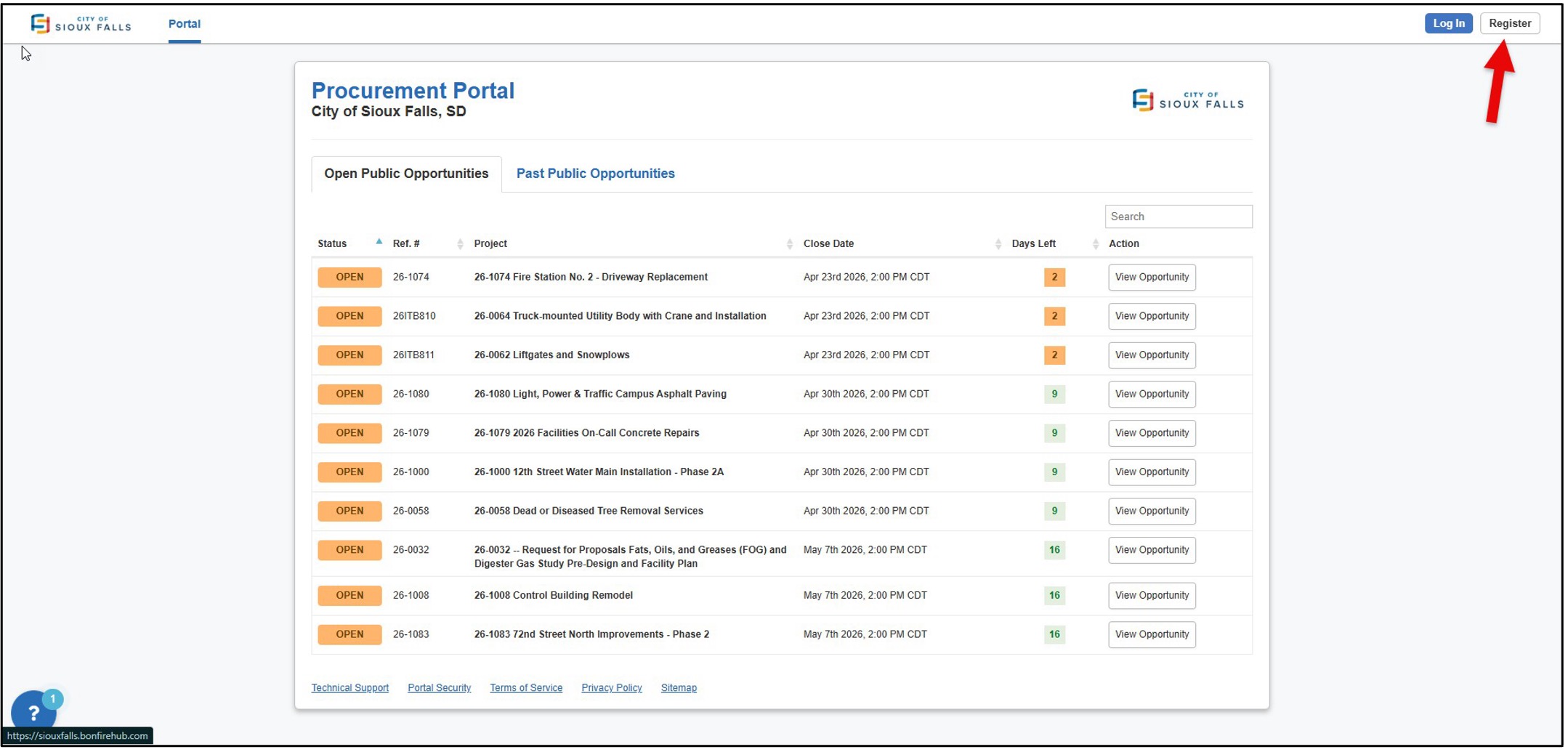 screenshot of the portal where you can register for a new account