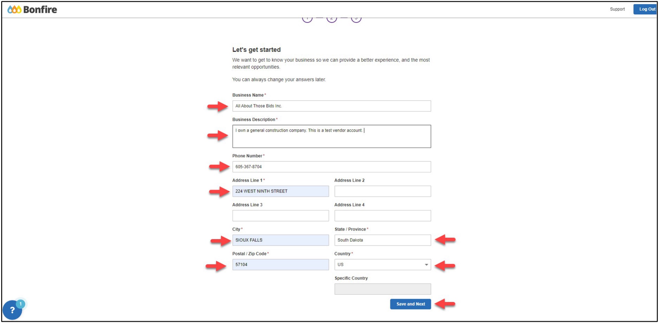 image of the screen where you can enter business details