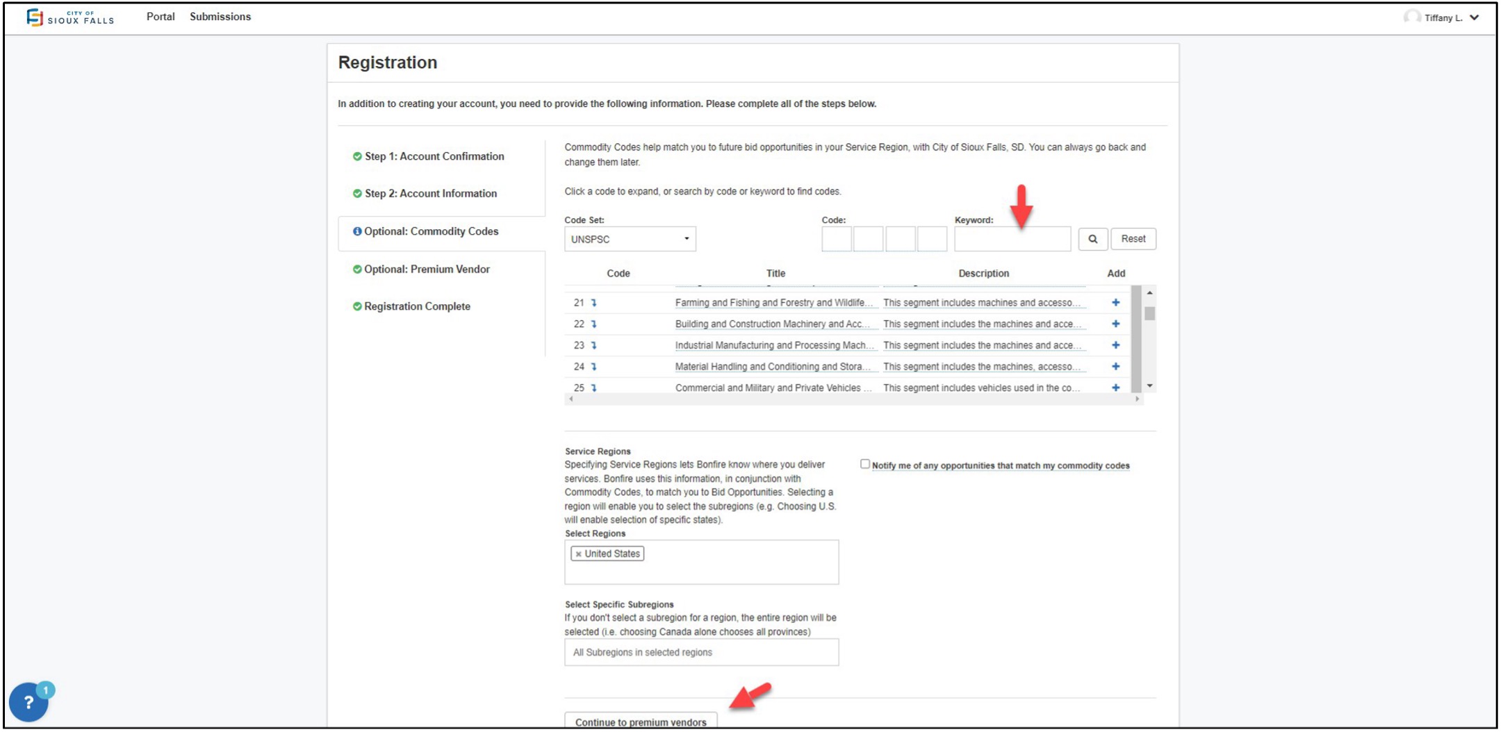 image of the screen where you can select commodity codes to associate with your business