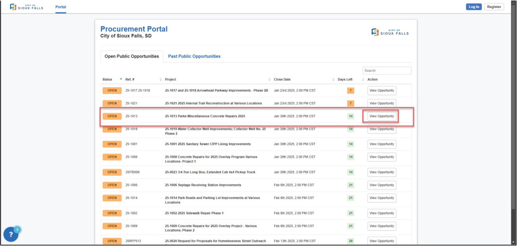 screenshot of the open opportunities page in the procurement portal
