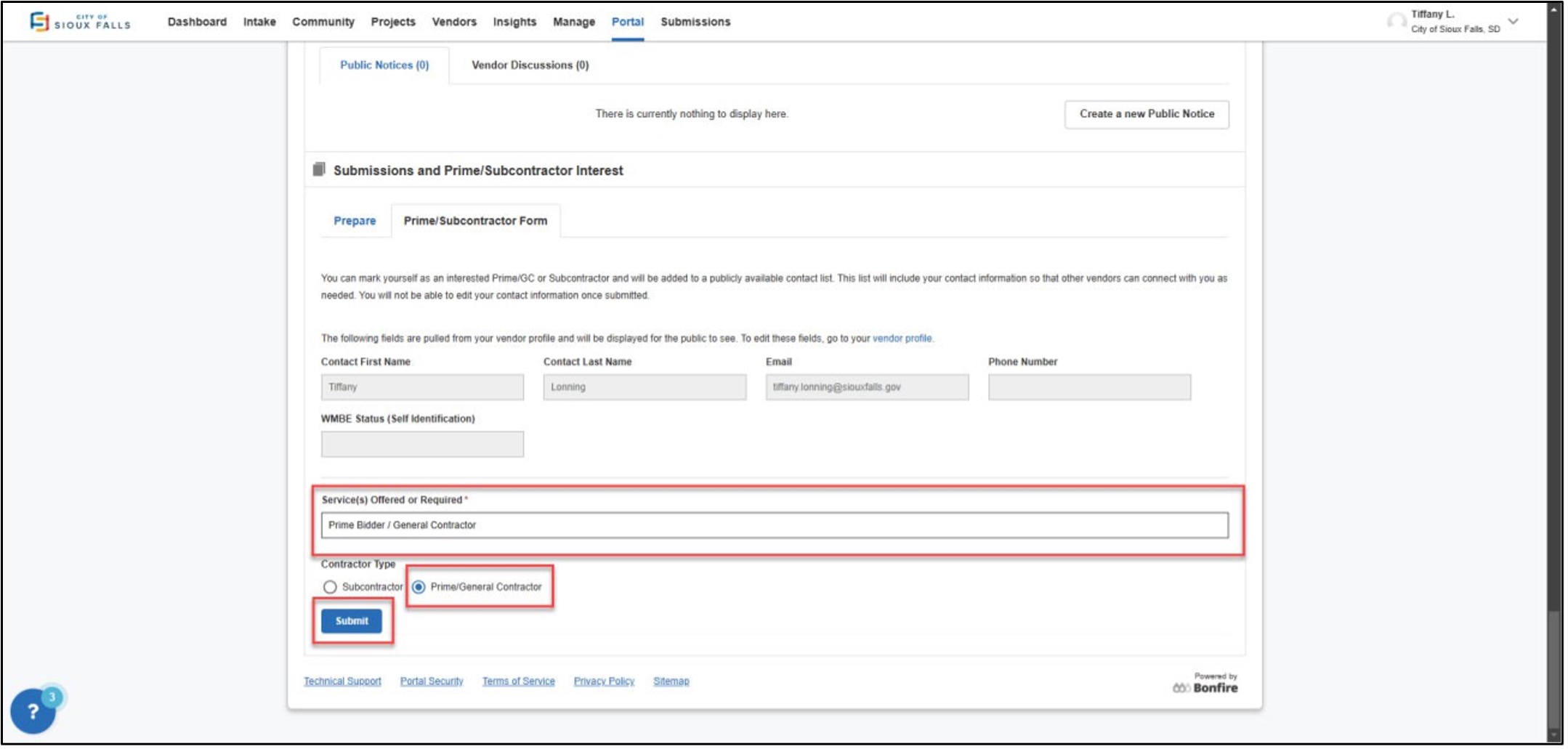 screenshot of informtion on what services are offered by the contractor