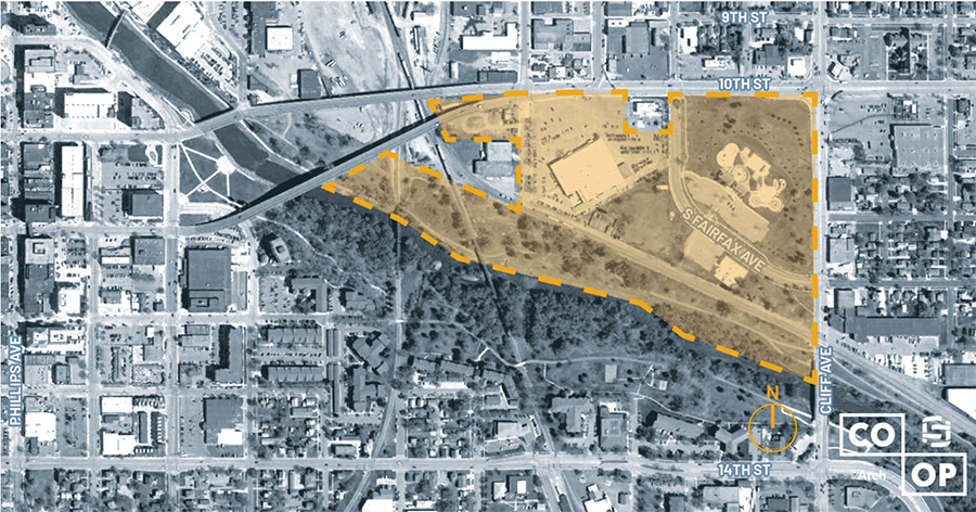 An aerial view of the Big Sioux River in Downtown Sioux Falls showing the proposed borders of the Riverline District