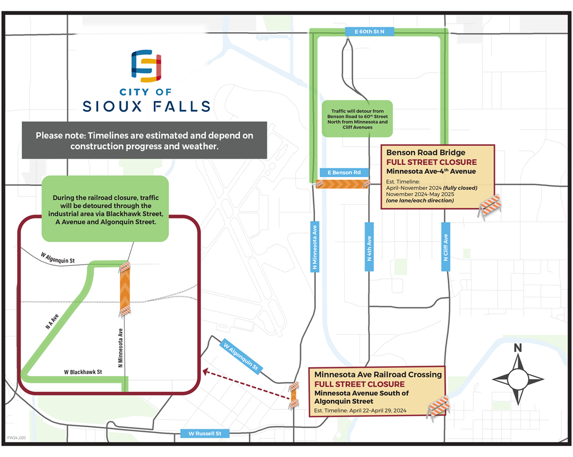 Map of north Sioux Falls showing closures on Benson Road and Minnesota Avenue