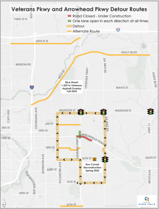 Veterans Parkway and Arrowhead Detour Map Image