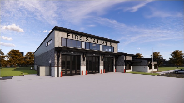 A 3D rendering of the front of the new fire station from the northwest