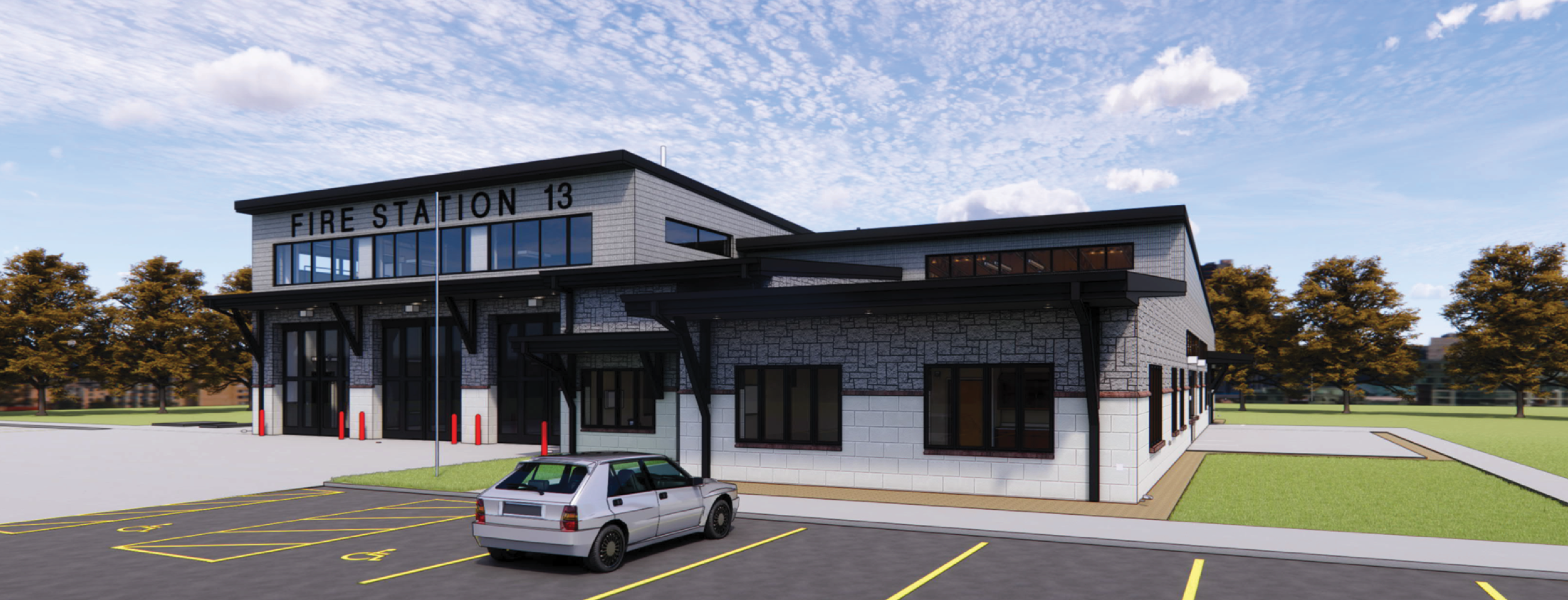 a 3D rendering of the firestation from the front