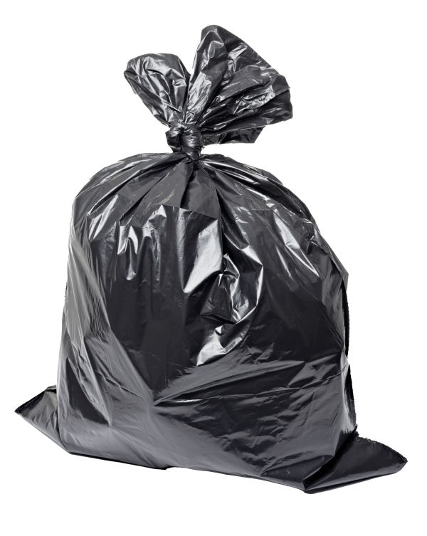 black plastic garbage bag tied at the top