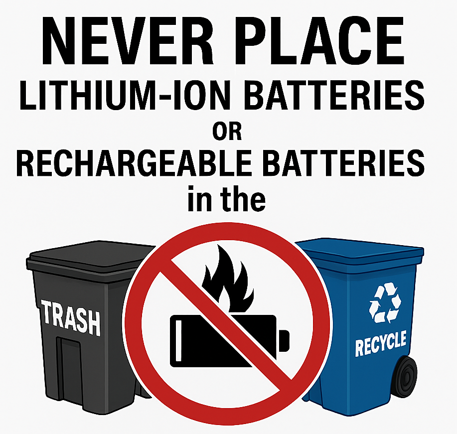 Never place Lithium-ion batteries or rechargeable batteries in your trash or recycle bin