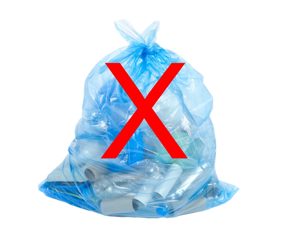 blue plastic semi-transparent bag with recyclables inside it and a red X across it