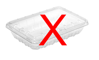 plastic clamshell container with a red X over it to show it is not recyclable
