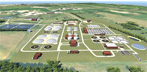 A rendering showing an aerial view of the water reclamation plant
