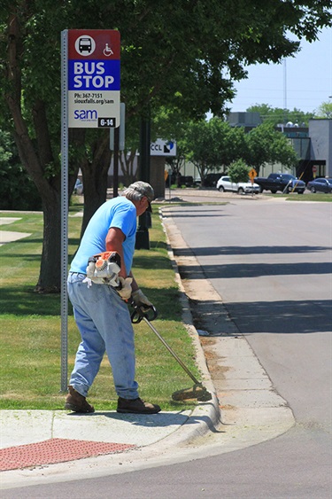 parks employee trimming grass