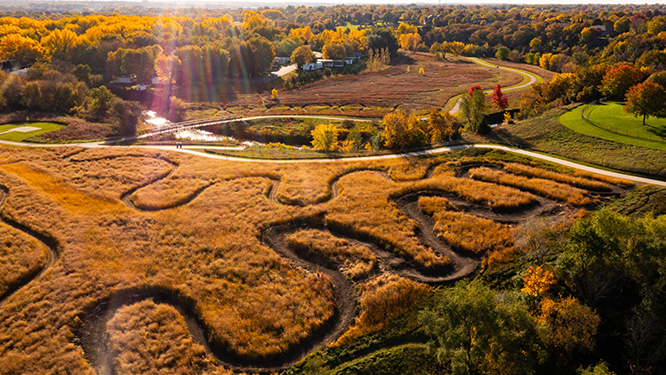 aerial photo of Legacy park in the fall