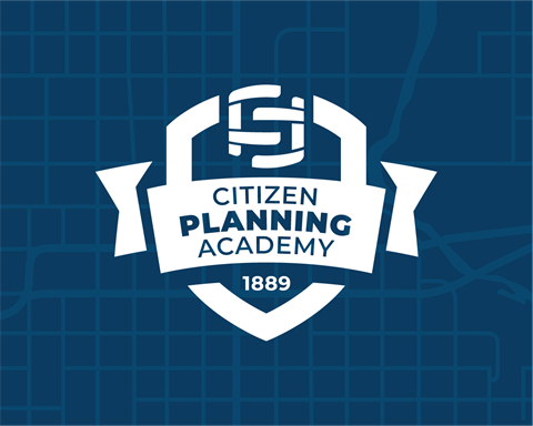 a blue and white graphic of the Citizen Planning Academy icon